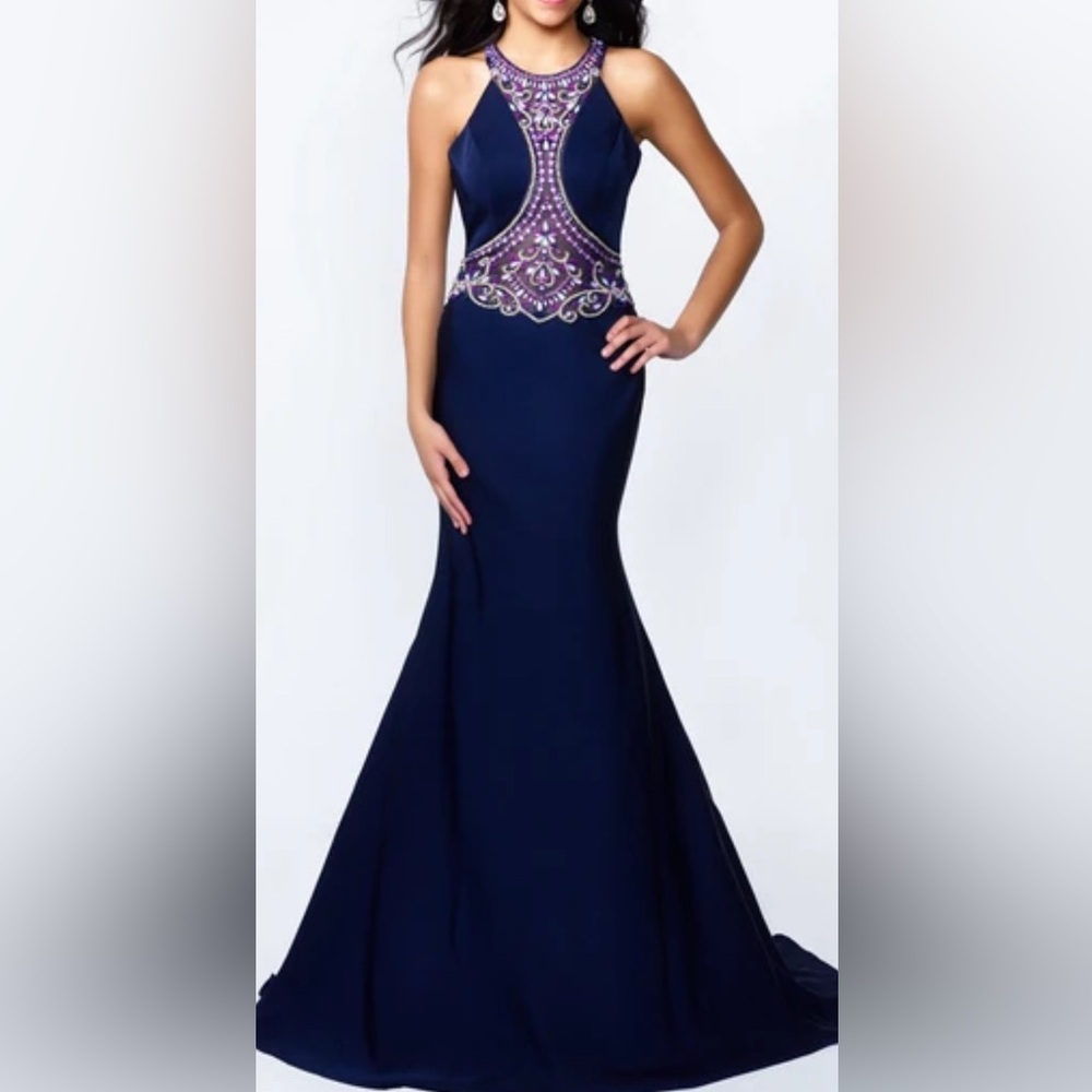 Abby Paris Formal Dress Size 8 Navy Blue Beaded Waist Train Gown AUTHENTIC NWT - Picture 2 of 15